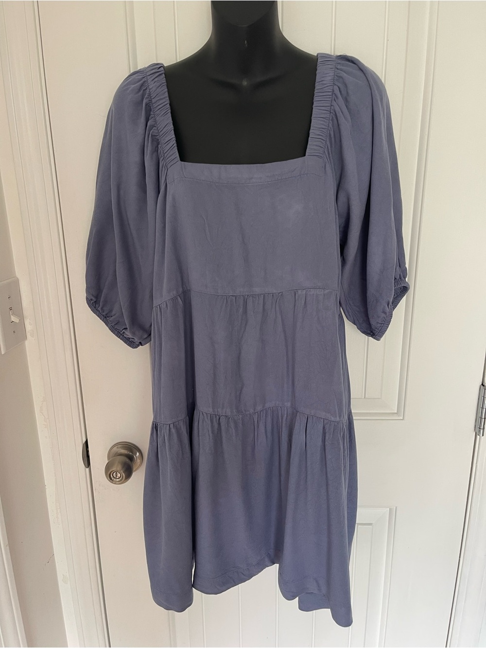Square Neck Puff Sleeve Tiered Mini Dress in Dusty Blue